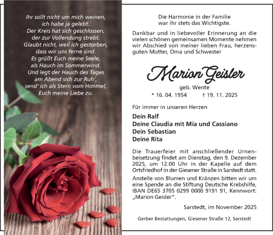 Traueranzeige von Marion Geisler von Hildesheimer Allgemeine Zeitung