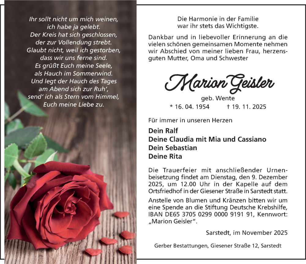  Traueranzeige für Marion Geisler vom 26.11.2025 aus Hildesheimer Allgemeine Zeitung