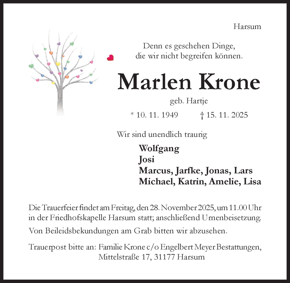  Traueranzeige für Marlen Krone vom 26.11.2025 aus Hildesheimer Allgemeine Zeitung