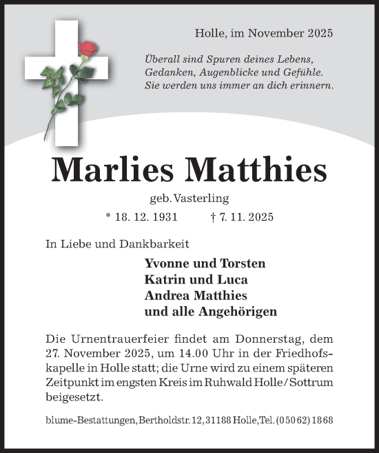 Traueranzeige von Marlies Matthies von Hildesheimer Allgemeine Zeitung