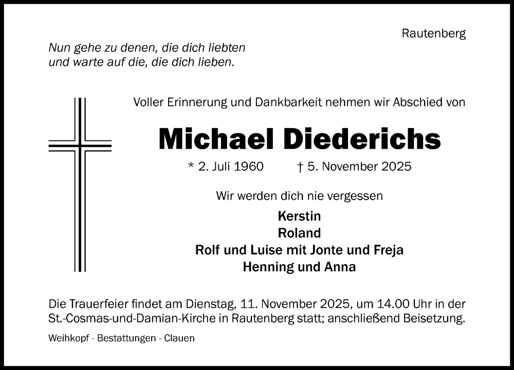  Traueranzeige für Michael Diederichs vom 08.11.2025 aus Hildesheimer Allgemeine Zeitung