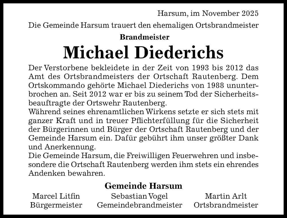  Traueranzeige für Michael Diederichs vom 08.11.2025 aus Hildesheimer Allgemeine Zeitung