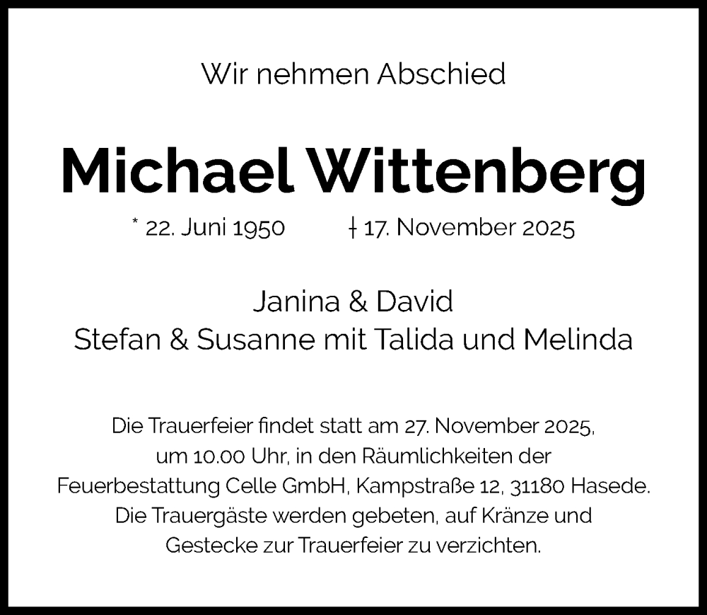  Traueranzeige für Michael Wittenberg vom 22.11.2025 aus Hildesheimer Allgemeine Zeitung