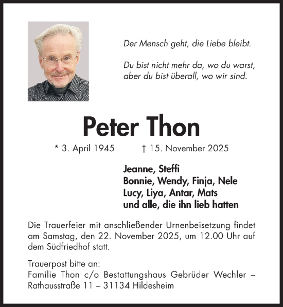 Traueranzeige von Peter Thon von Hildesheimer Allgemeine Zeitung