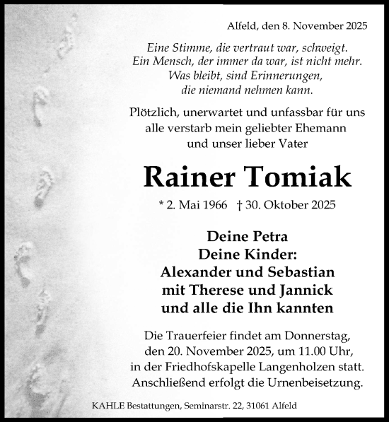 Traueranzeige von Rainer Tomiak von Hildesheimer Allgemeine Zeitung
