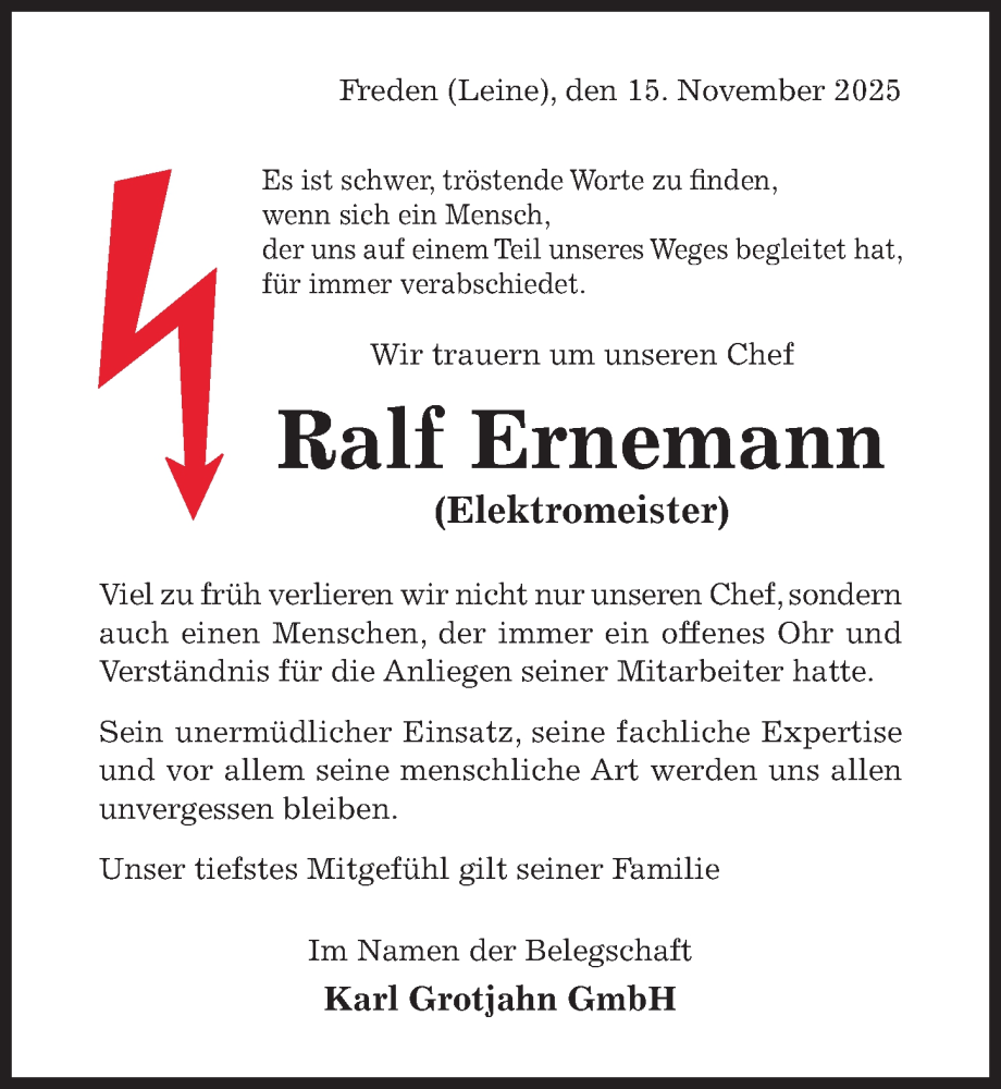  Traueranzeige für Ralf Ernemann vom 15.11.2025 aus Hildesheimer Allgemeine Zeitung