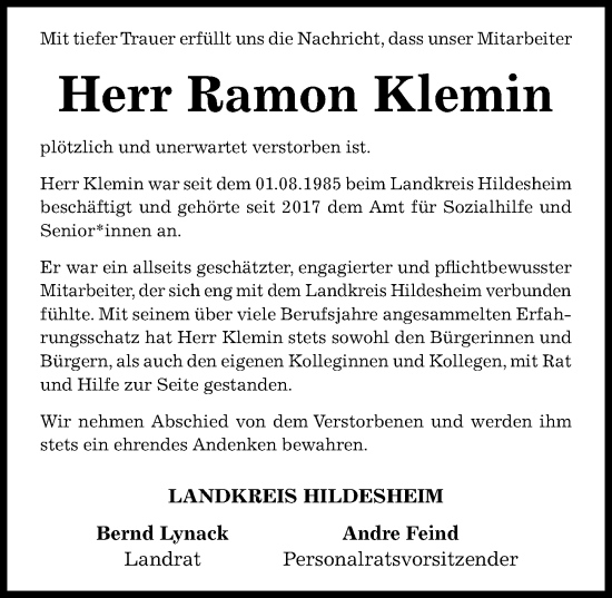Traueranzeige von Ramon Klemin von Hildesheimer Allgemeine Zeitung