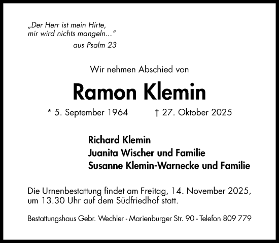 Traueranzeige von Ramon Klemin von Hildesheimer Allgemeine Zeitung