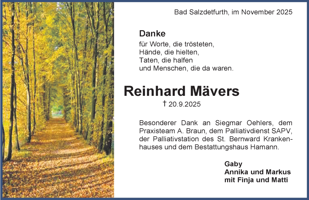 Traueranzeige für Reinhard Mävers vom 05.11.2025 aus Hildesheimer Allgemeine Zeitung