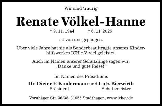 Traueranzeige von Renate Völkel-Hanne von Hildesheimer Allgemeine Zeitung