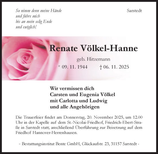 Traueranzeige von Renate Völkel-Hanne von Hildesheimer Allgemeine Zeitung