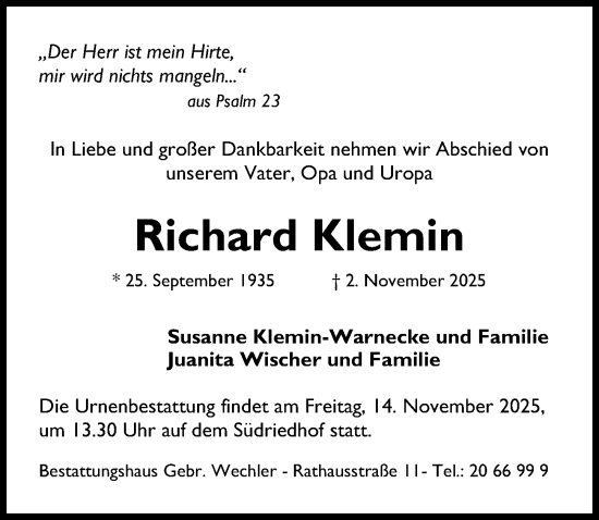 Traueranzeige von Richard Klemin von Hildesheimer Allgemeine Zeitung