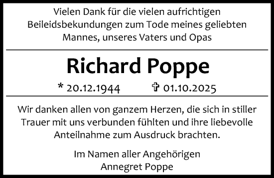 Traueranzeige von Richard Poppe von Hildesheimer Allgemeine Zeitung