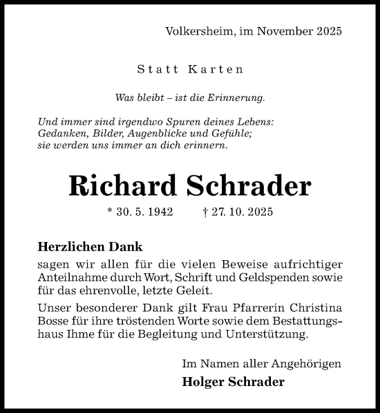 Traueranzeige von Richard Schrader von Hildesheimer Allgemeine Zeitung