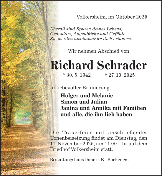 Traueranzeige von Richard Schrader von Hildesheimer Allgemeine Zeitung