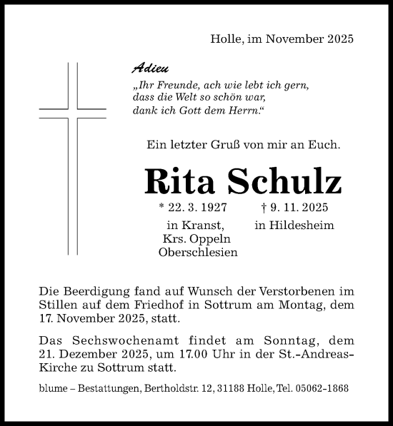 Traueranzeige von Rita Schulz von Hildesheimer Allgemeine Zeitung