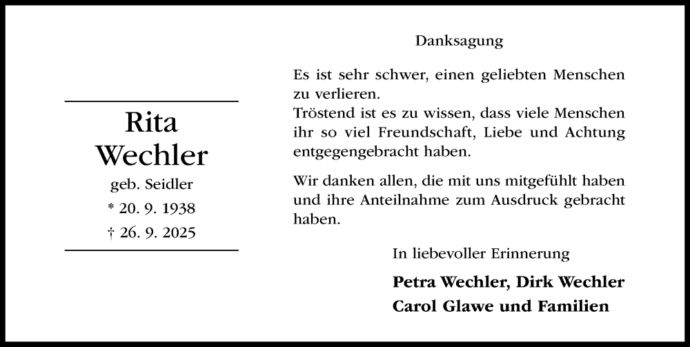  Traueranzeige für Rita Wechler vom 01.11.2025 aus Hildesheimer Allgemeine Zeitung