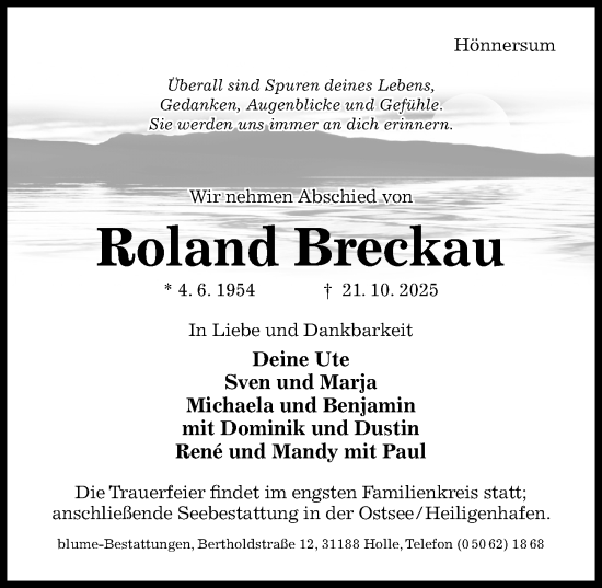 Traueranzeige von Roland Breckau von Hildesheimer Allgemeine Zeitung