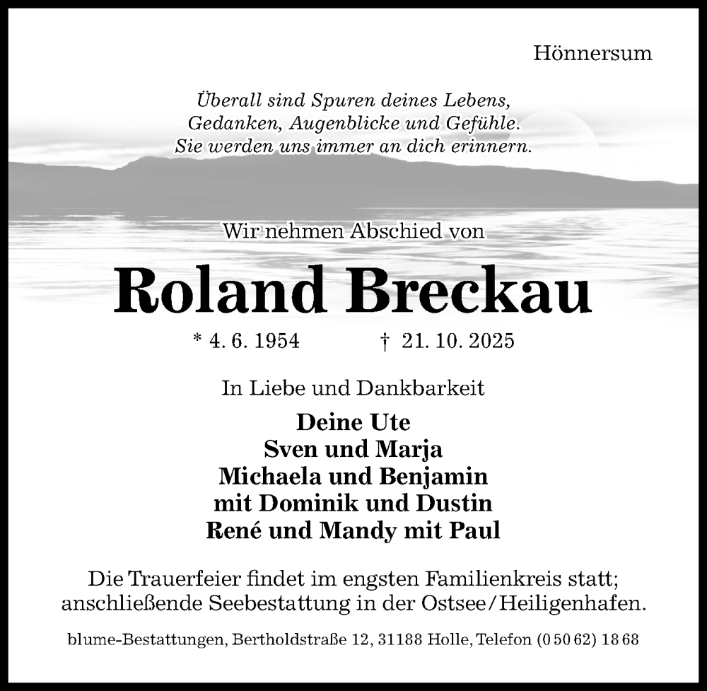  Traueranzeige für Roland Breckau vom 05.11.2025 aus Hildesheimer Allgemeine Zeitung