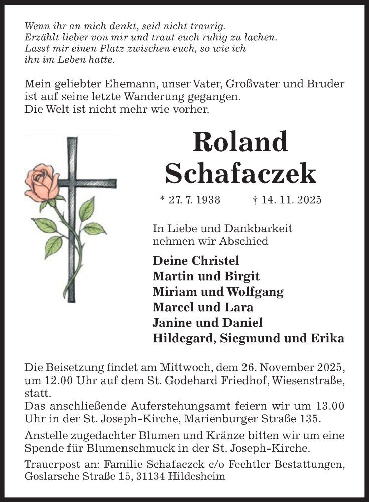  Traueranzeige für Roland Schafaczek vom 19.11.2025 aus Hildesheimer Allgemeine Zeitung