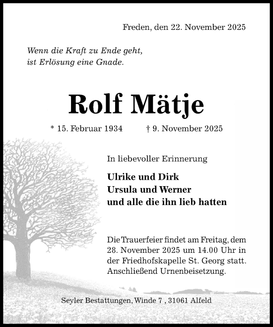 Traueranzeige von Rolf Mätje von Hildesheimer Allgemeine Zeitung
