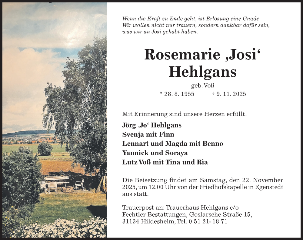  Traueranzeige für Rosemarie Hehlgans vom 19.11.2025 aus Hildesheimer Allgemeine Zeitung