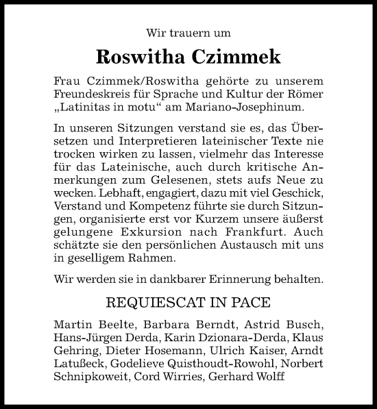 Traueranzeige von Roswitha Czimmek von Hildesheimer Allgemeine Zeitung