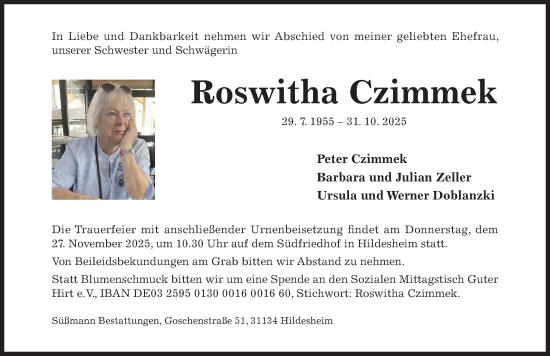 Traueranzeige von Roswitha Czimmek von Hildesheimer Allgemeine Zeitung