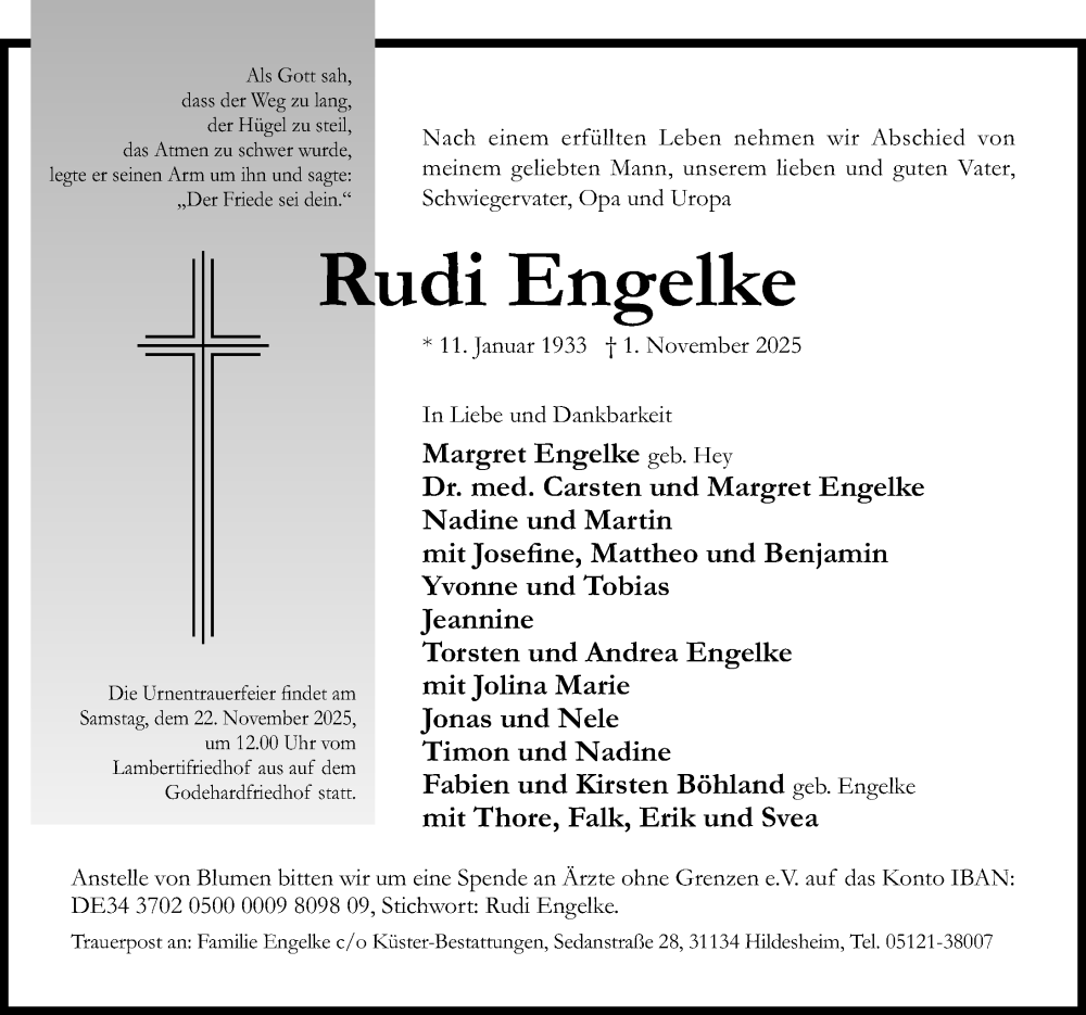  Traueranzeige für Rudi Engelke vom 08.11.2025 aus Hildesheimer Allgemeine Zeitung