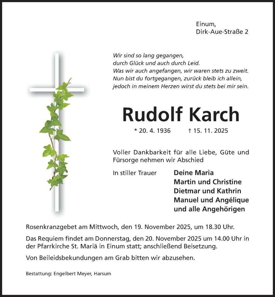  Traueranzeige für Rudolf Karch vom 19.11.2025 aus Hildesheimer Allgemeine Zeitung
