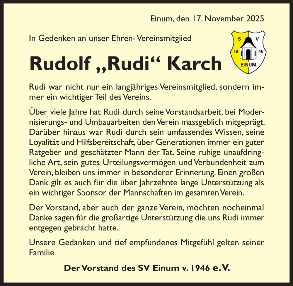  Traueranzeige für Rudolf Karch vom 19.11.2025 aus Hildesheimer Allgemeine Zeitung