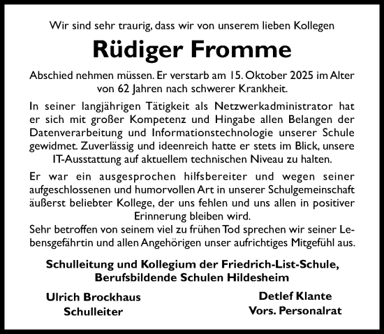 Traueranzeige von Rüdiger Fromme von Hildesheimer Allgemeine Zeitung