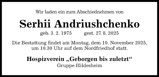 Traueranzeige von Serhii Andriushchenko von Hildesheimer Allgemeine Zeitung