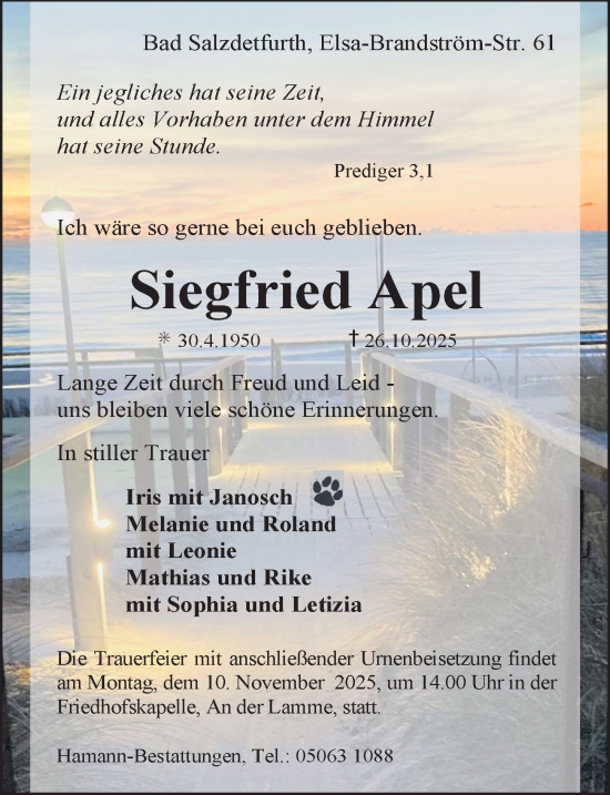 Traueranzeige von Siegfried Apel von Hildesheimer Allgemeine Zeitung