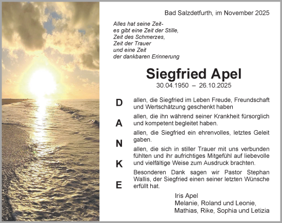Traueranzeige von Siegfried Apel von Hildesheimer Allgemeine Zeitung
