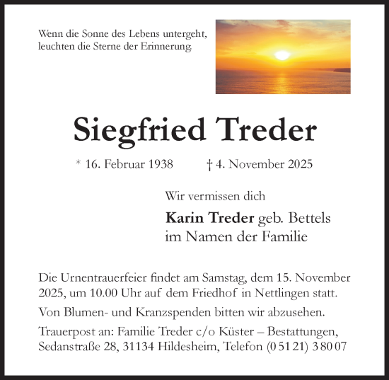 Traueranzeige von Siegfried Treder von Hildesheimer Allgemeine Zeitung