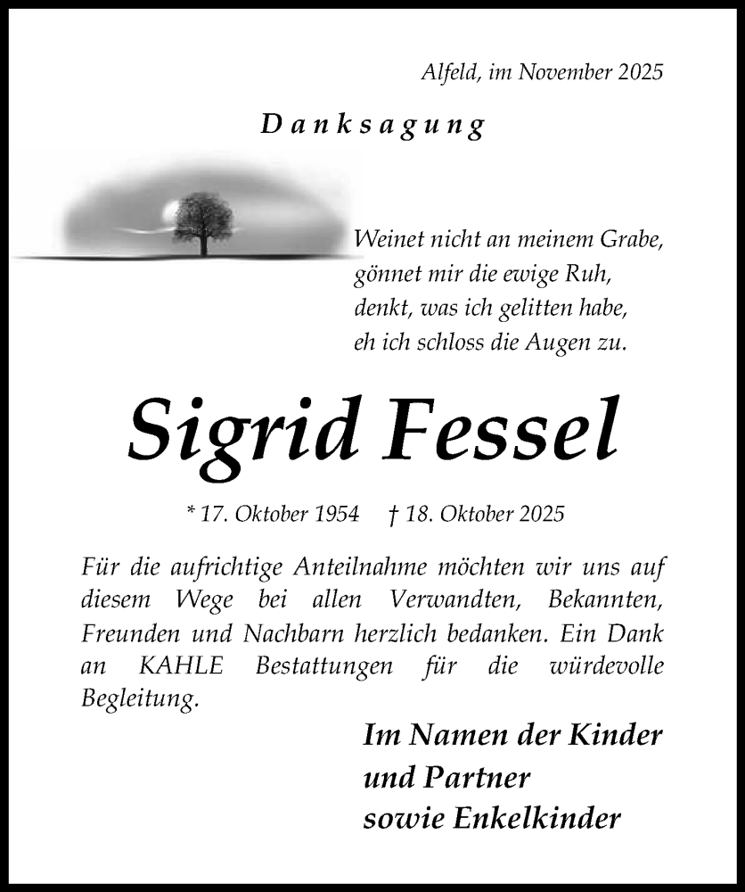  Traueranzeige für Sigrid Fessel vom 15.11.2025 aus Hildesheimer Allgemeine Zeitung