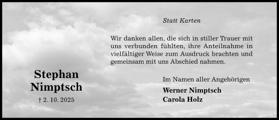 Traueranzeige von Stephan Nimptsch von Hildesheimer Allgemeine Zeitung