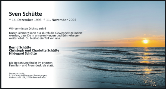 Traueranzeige von Sven Schütte von Hildesheimer Allgemeine Zeitung