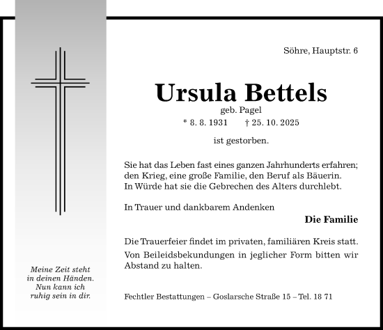 Traueranzeige von Ursula Bettels von Hildesheimer Allgemeine Zeitung