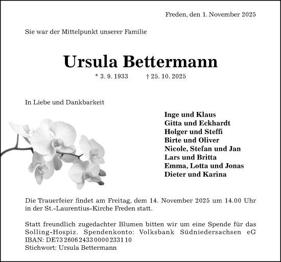 Traueranzeige von Ursula Bettermann von Hildesheimer Allgemeine Zeitung