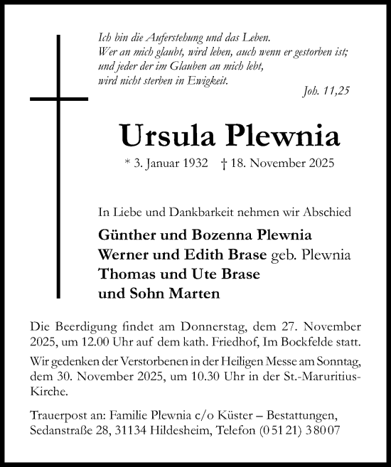 Traueranzeige von Ursula Plewnia von Hildesheimer Allgemeine Zeitung