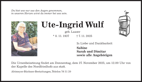 Traueranzeige von Ute-Ingrid Wulf von Hildesheimer Allgemeine Zeitung