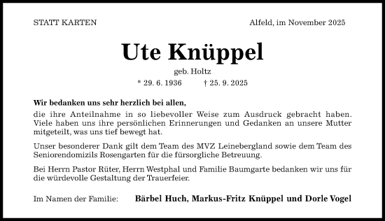 Traueranzeige von Ute Knüppel von Hildesheimer Allgemeine Zeitung