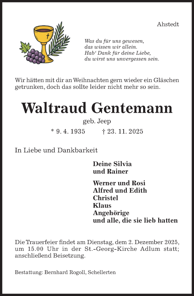  Traueranzeige für Waltraud Gentemann vom 26.11.2025 aus Hildesheimer Allgemeine Zeitung