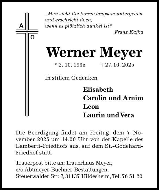 Traueranzeige von Werner Meyer von Hildesheimer Allgemeine Zeitung