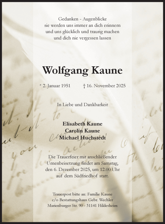 Traueranzeige von Wolfgang Kaune von Hildesheimer Allgemeine Zeitung