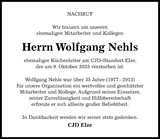 Traueranzeige von Wolfgang Nehls von Hildesheimer Allgemeine Zeitung