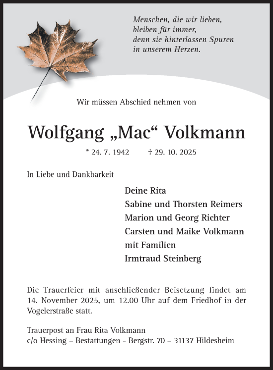 Traueranzeige von Wolfgang Volkmann von Hildesheimer Allgemeine Zeitung