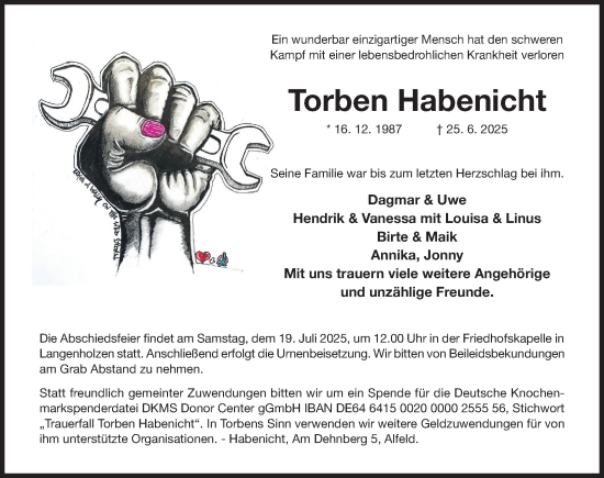 Traueranzeige von Torben Habenicht von Hildesheimer Allgemeine Zeitung
